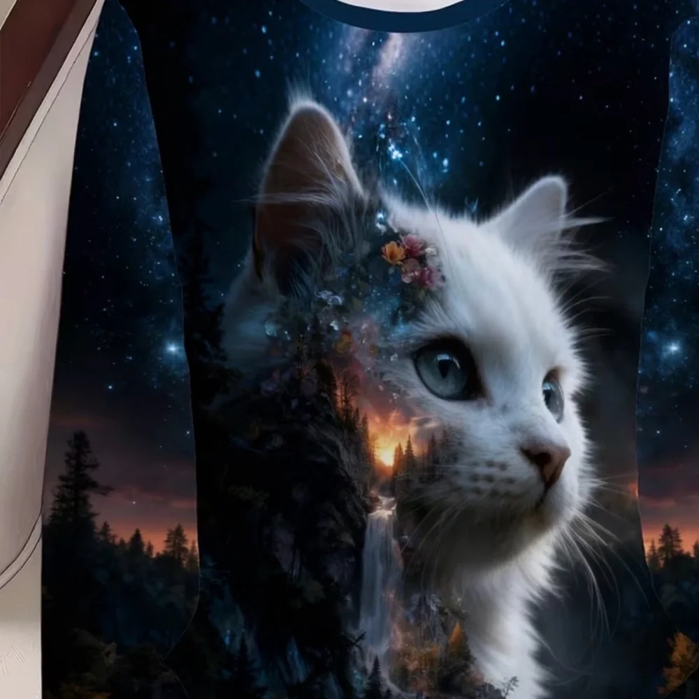 White Cat Galaxy Print Long Sleeved Shirt
